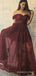 A-line Burgundy Tulle Appliques Long Evening Prom Dresses, Custom Off Shoulder Prom Dress, BGS0110