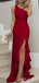 One Shoulder Red Mermaid Long Evening Prom Dresses, Custom Side Slit Prom Dress, BGS0117