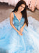 A-lin Blue Tulle Beaded V-neck Long Evening Prom Dresses, Custom Prom Dress, BGS0121