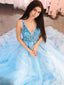 A-lin Blue Tulle Beaded V-neck Long Evening Prom Dresses, Custom Prom Dress, BGS0121