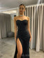 Simple Mermaid Black Satin Strapless Long Evening Prom Dresses, Custom Side Slit Prom Dress, BGS0146