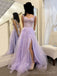 A-line Lilac Tulle Appliques Long Evening Prom Dresses, Custom Side Slit Prom Dress, BGS0152