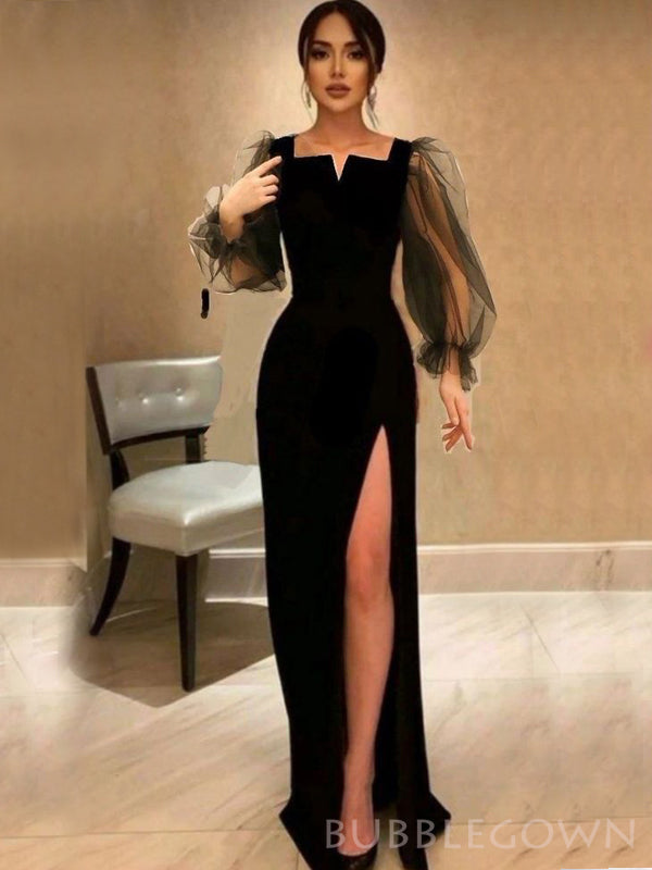 Mermaid Black Long Sleeves Long Evening Prom Dresses, Custom Side Slit Prom Dress, BGS0164