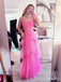 A-line Hot Pink Tulle Spaghetti Straps Long Evening Prom Dresses, Custom Prom Dress, BGS0176