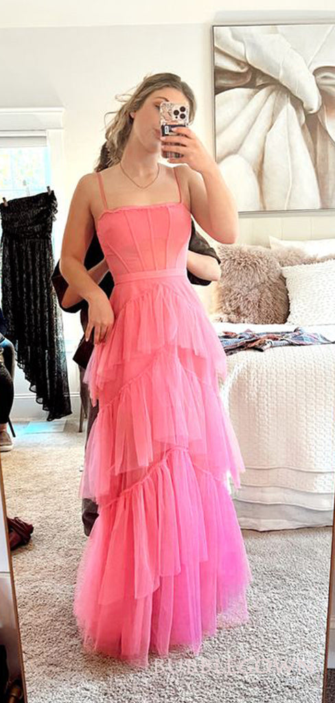 A-line Hot Pink Tulle Spaghetti Straps Long Evening Prom Dresses, Custom Prom Dress, BGS0176