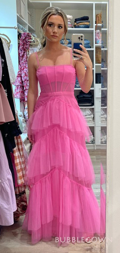 A-line Hot Pink Tulle Spaghetti Straps Long Evening Prom Dresses, Custom Prom Dress, BGS0176