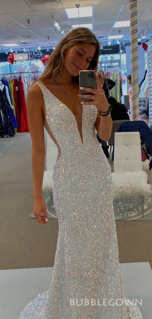 Simple White Sequin Deep V-neck Mermaid Long Evening Prom Dresses, Custom Prom Dress, BGS0180