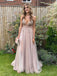 A-lin Spaghetti Straps Tulle Beaded Long Evening Prom Dresses, Custom V-neck Prom Dress, BGS0186