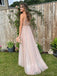 A-lin Spaghetti Straps Tulle Beaded Long Evening Prom Dresses, Custom V-neck Prom Dress, BGS0186