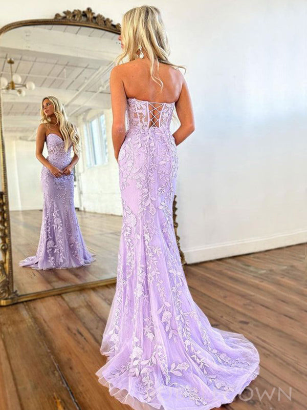 Mermaid Lilac Tulle Appliques Sweetheart Strapless Long Evening Prom Dresses, Custom Prom Dress, BGS0187