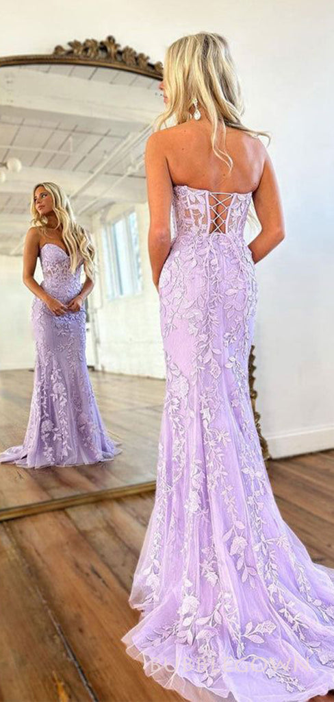 Mermaid Lilac Tulle Appliques Sweetheart Strapless Long Evening Prom Dresses, Custom Prom Dress, BGS0187