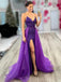 Unique Two Pieces Purple Organza Sequins Mermaid Long Evening Prom Dresses, Custom Side Slit  Prom Dress, BGS0189