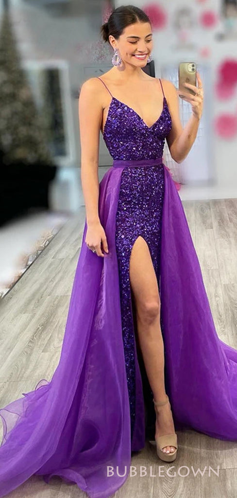 Unique Two Pieces Purple Organza Sequins Mermaid Long Evening Prom Dresses, Custom Side Slit  Prom Dress, BGS0189