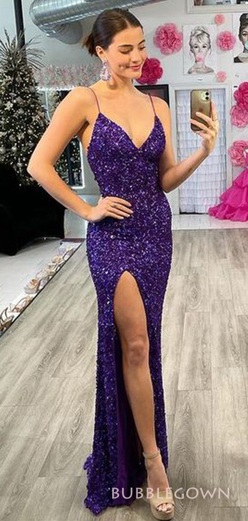 Unique Two Pieces Purple Organza Sequins Mermaid Long Evening Prom Dresses, Custom Side Slit  Prom Dress, BGS0189