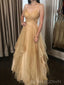 Spaghetti Straps A-line Tulle Long Evening Prom Dresses, Custom V-neck Prom Dress, BGS0193