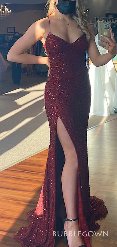 Burgundy Sequins Spaghetti Straps V-neck Long Mermaid Evening Prom Dresses, Custom Side Slit Prom Dress, BGS0195