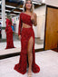 Unique Red Sequins One Shoulder Long Sleeves Long Evening Prom Dresses, Custom Prom Dress, BGS0198