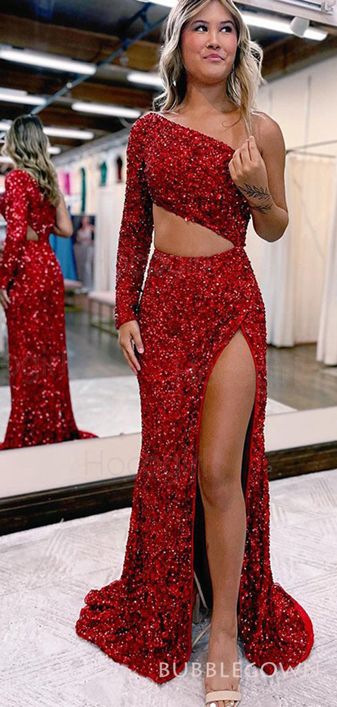 Unique Red Sequins One Shoulder Long Sleeves Long Evening Prom Dresses, Custom Prom Dress, BGS0198