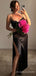 Simple Spaghetti Straps High Slit Black Satin Long Evening Prom Dresses, Custom prom Dress, BGS0203