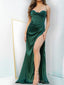 Mermaid Dark Green Satin Spaghetti Straps Long Satin Evening Prom Dresses, Custom High Slit Prom Dresses, BGS1004