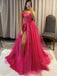 Spaghetti Straps Hot Pink Tulle Sparkly Long Evening Prom Dresses, Custom High Slit Prom Dress, BGS0122