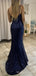 Mermaid Navy Blue Sequins Long Evening Prom Dresses, Custom Prom Dress, BGS0129