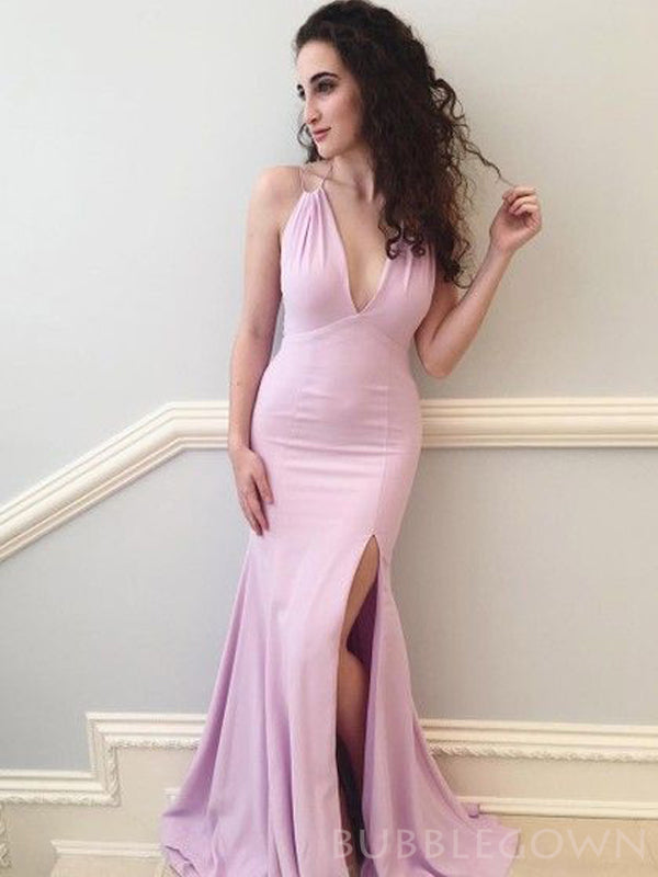 Deep V-neck Mermaid Side Slit Long Evening Prom Dresses, Custom Prom Dress, BGS0130