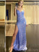 Spaghett Straps Mermaid Blue Sequins Long Evening Prom Dresses, Custom Prom Dress, BGS0131