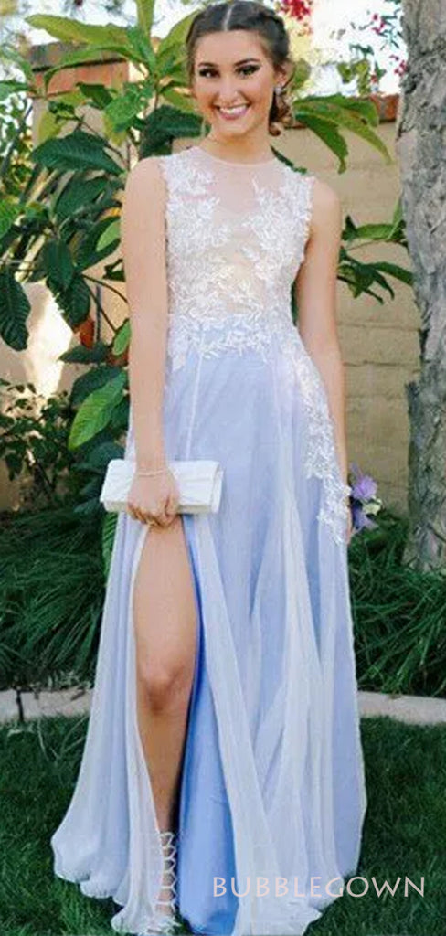 A-line Blue Tulle Appliques Long Evening Prom Dresses, Custom Prom Dress, BGS0132