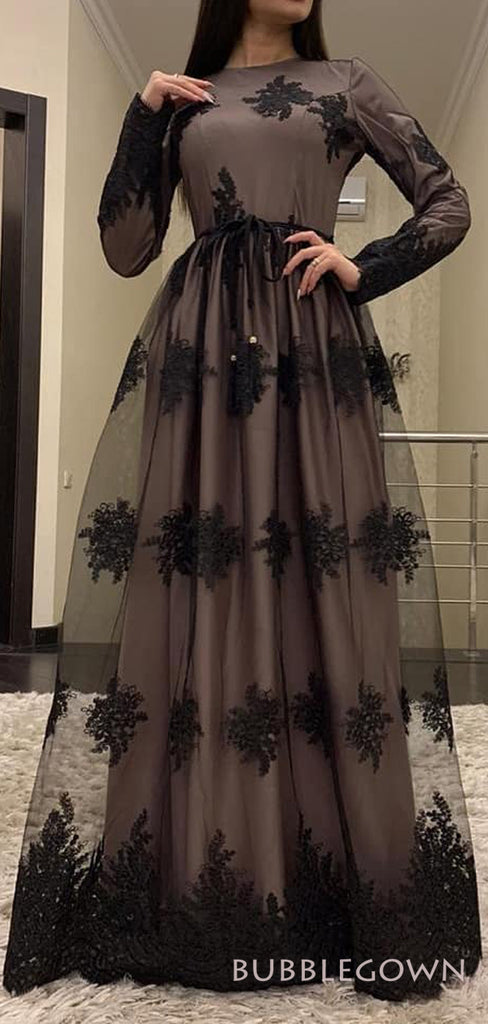 A-line Long Sleeves Black Tulle Appliques Long Evening Prom Dresses, Custom Prom Dress, BGS0135