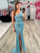 One Shoulder Blue Sequins Side Slit Long Evening Prom Dresses, Custom Prom Dress, BGS0137