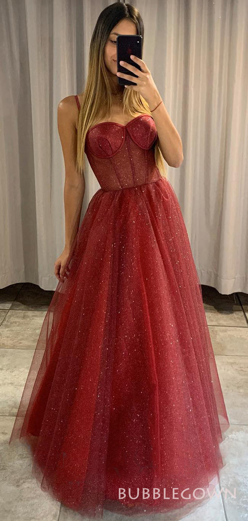 A-line Red Tulle Sparkly Long Evening Prom Dresses, Custom Spaghetti Straps Prom Dress, BGS0138