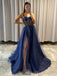 A-line Navy Blue Sparkly Long Evening Prom Dresses, Custom High Slit  Prom Dress, BGS0139