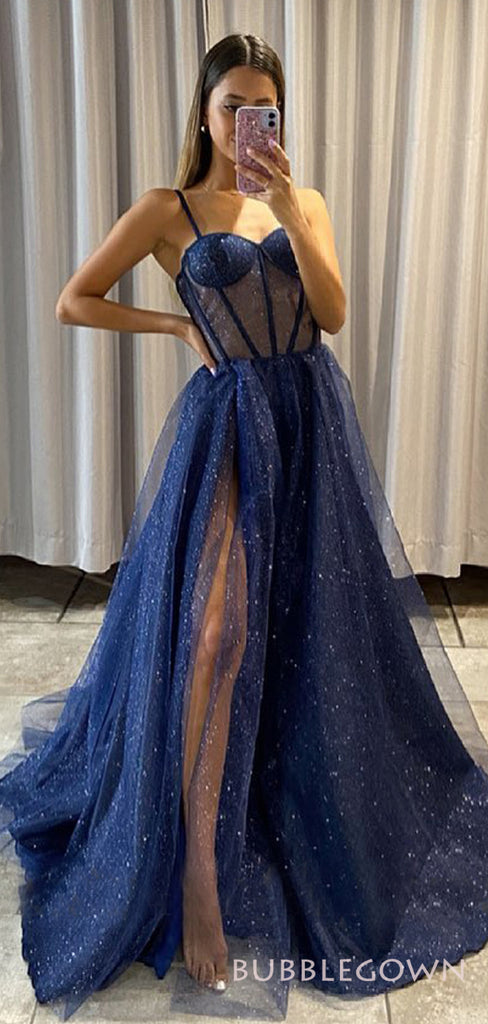 A-line Navy Blue Sparkly Long Evening Prom Dresses, Custom High Slit  Prom Dress, BGS0139