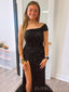 Mermaid One Shoulder Black Sequins Long Evening Prom Dresses, Custom High Slit Prom Dress, BGS0141