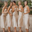 Spaghetti Straps Cowl Neck Tea-Length Champagne Long Bridesmaid Dresses for Wedding Party, BN1001