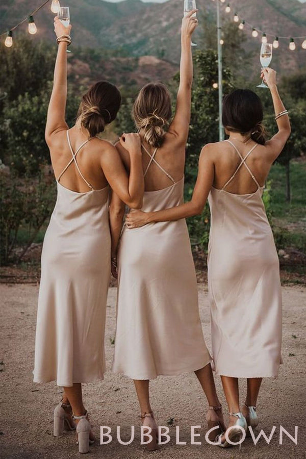 Spaghetti Straps Cowl Neck Tea-Length Champagne Long Bridesmaid Dresses for Wedding Party, BN1001