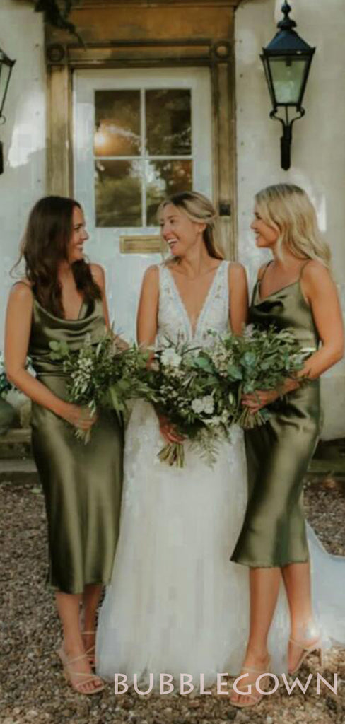 Spaghetti Straps Cowl Neck Green Satin Long Bridesmaid Dresses , BN1002