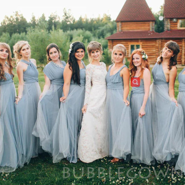 Grey Bridesmaid dress with tulle skirt Long convertible Bridesmaid Dresses , BN1003