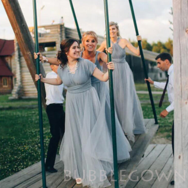 Grey Bridesmaid dress with tulle skirt Long convertible Bridesmaid Dresses , BN1003