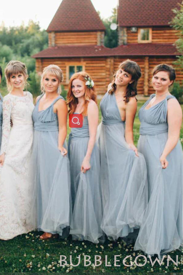 Grey Bridesmaid dress with tulle skirt Long convertible Bridesmaid Dresses , BN1003