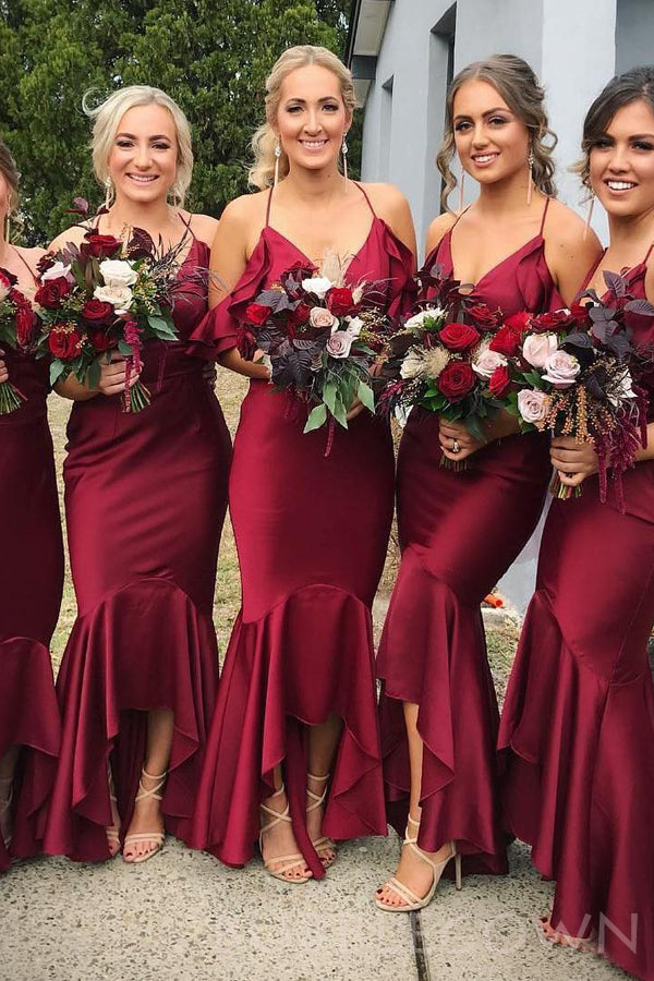 Burgundy Satin Sexy V-neck Spaghetti Straps Mermaid Lace Long Bridesmaid Dresses , BN1021