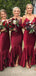 Burgundy Satin Sexy V-neck Spaghetti Straps Mermaid Lace Long Bridesmaid Dresses , BN1021