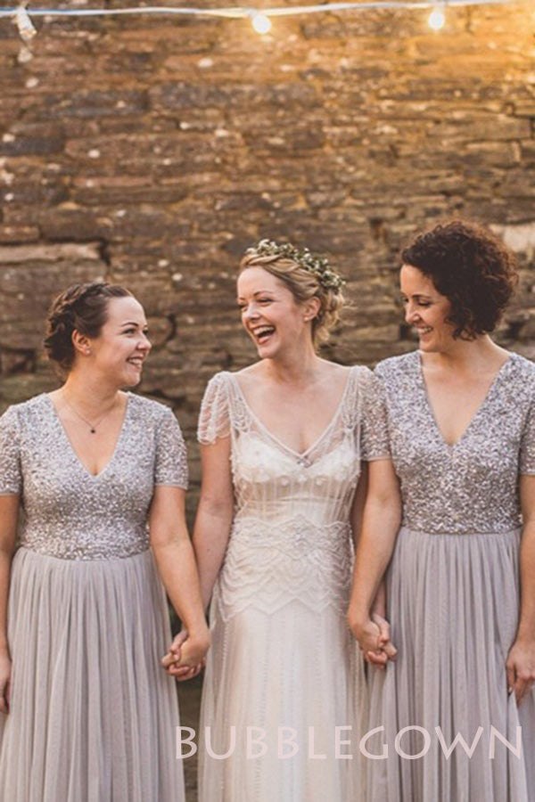 Column Short Sleeves Grey Tulle Long Bridesmaid Dresses , BN1025