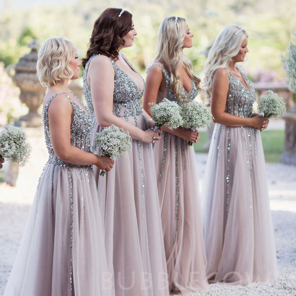 Sexy Deep V-neck Dusty Tulle Beaded Long A-line Bridesmaid Dresses , BN1026