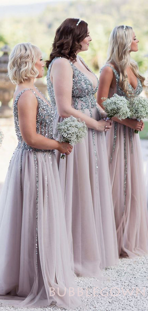 Sexy Deep V-neck Dusty Tulle Beaded Long A-line Bridesmaid Dresses , BN1026