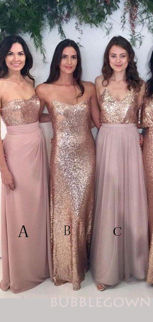 Gold Sequin Mermaid Long Bridesmaid Dresses , BN1029