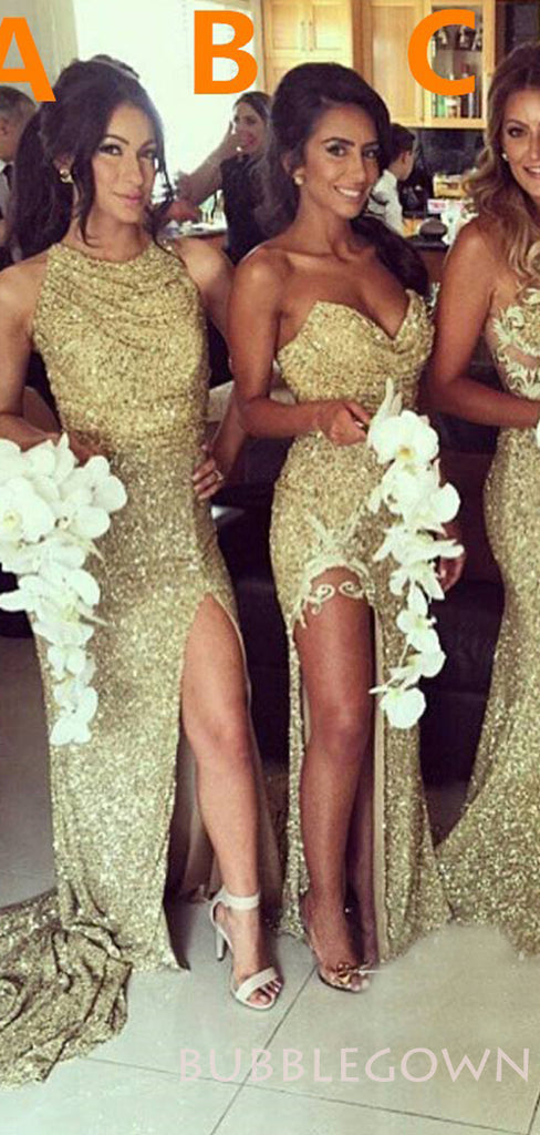 Mermaid Gold Sequin Sleeveless Long Bridesmaid Dresses , BN1034