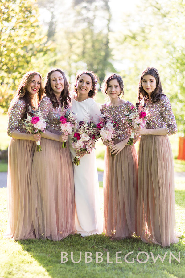 Sequin Half Sleeves A-line Tulle Long Bridesmaid Dresses , BN1036