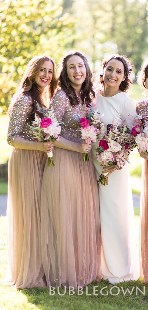 Sequin Half Sleeves A-line Tulle Long Bridesmaid Dresses , BN1036